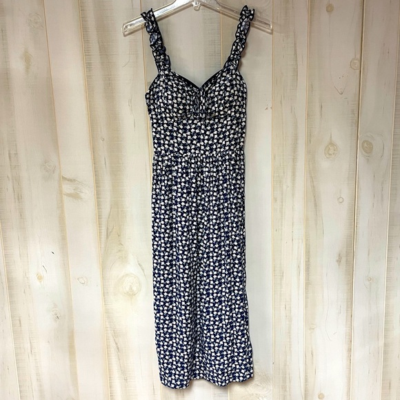AUW Dresses & Skirts - NWT AUW Blue White Green Floral Ruffle Strap Elastic Eaist Midi Dress Sz M